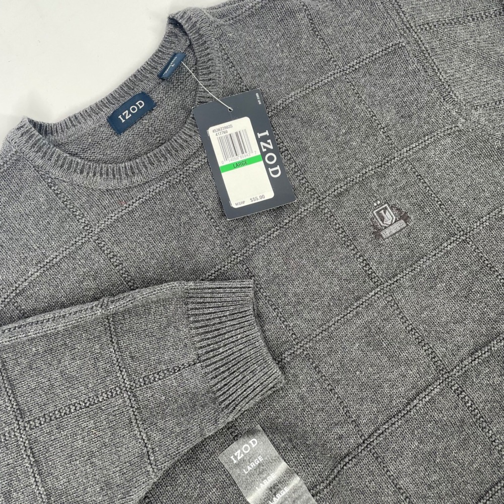 IZOD Classic Prep Old Money Aesthetic Sweater Windowpane Gray Pullover Men's L